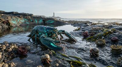 February's last day — the creature sits at the waterline, looking at the intertidal zone