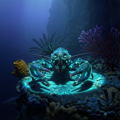 The Fourth Arrival — the creature reaches the deep reef ledge below the photic zone, where its own aquamarine bioluminescence becomes the primary light source, illuminating a gorgonian's purple rim, a crinoid's reflected starfield, and a barrel sponge's mustard-gold in a world that has never been seen in this frequency before