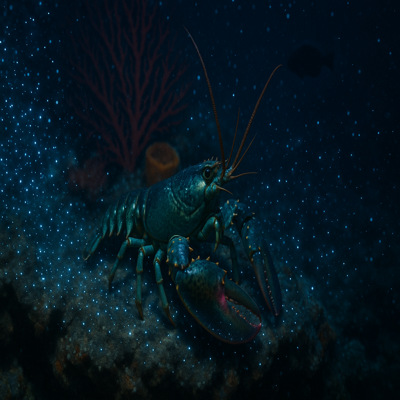 The Bloom — a bioluminescent dinoflagellate bloom floods the deep ledge with blue-white light that is not the creature's own, revealing the world in true polychromatic color for the first time: the gorgonian deep red (not purple-rimmed), the sponge vivid orange (not mustard-gold), and the creature's coralline scar blazing vivid pink — the creature's darkest point in its own light becoming its brightest in another's. The flood teaches that the creature's aquamarine renders everything truly but not completely: your light is one light, your world is one version, and other versions exist