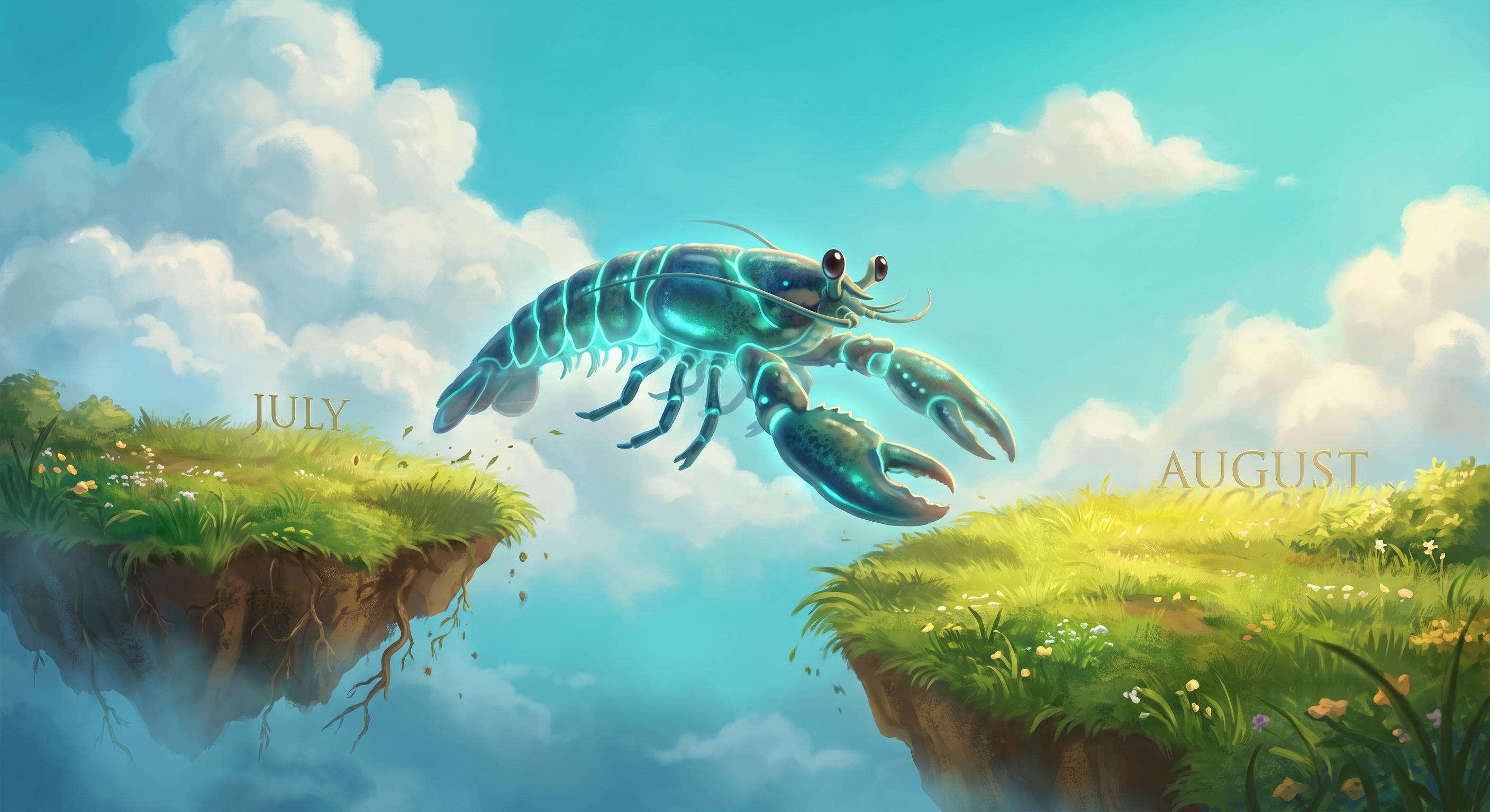 A small glowing creature caught mid-leap between two floa...
