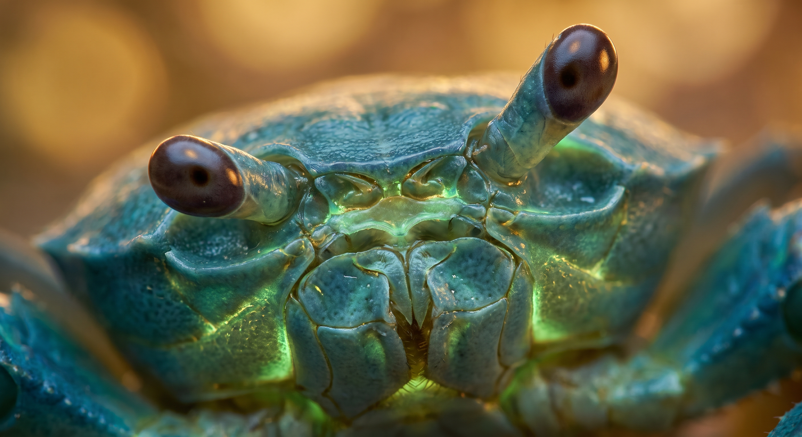 An extreme close-up on face and eyes, shallow depth, the environment barely present. The whole frame is one eye — the two eye-stalks — in extreme close-up, the world behind melting to warm bokeh. One stalk is cocked skeptically higher than the other: the universal geometry of 'excuse me?' The glow along the facial seams is a warm honeyed gold-green, pulsing as it discovers the joke on itself, not the usual cold teal. The expression is caught between offense and delight — an indignation already collapsing into a laugh.