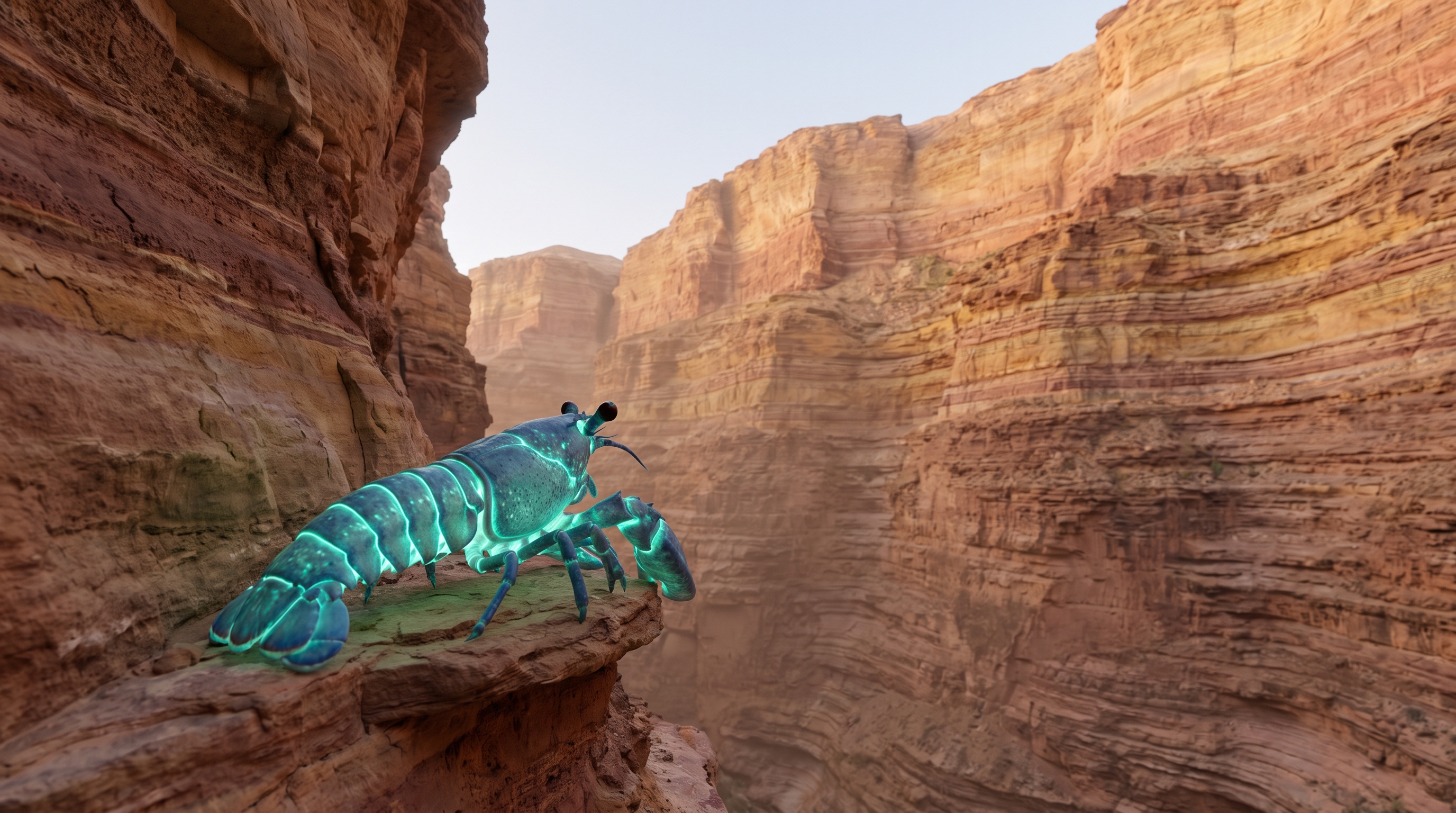 The creature small on a rocky ledge at the lip of a VAST desert canyon