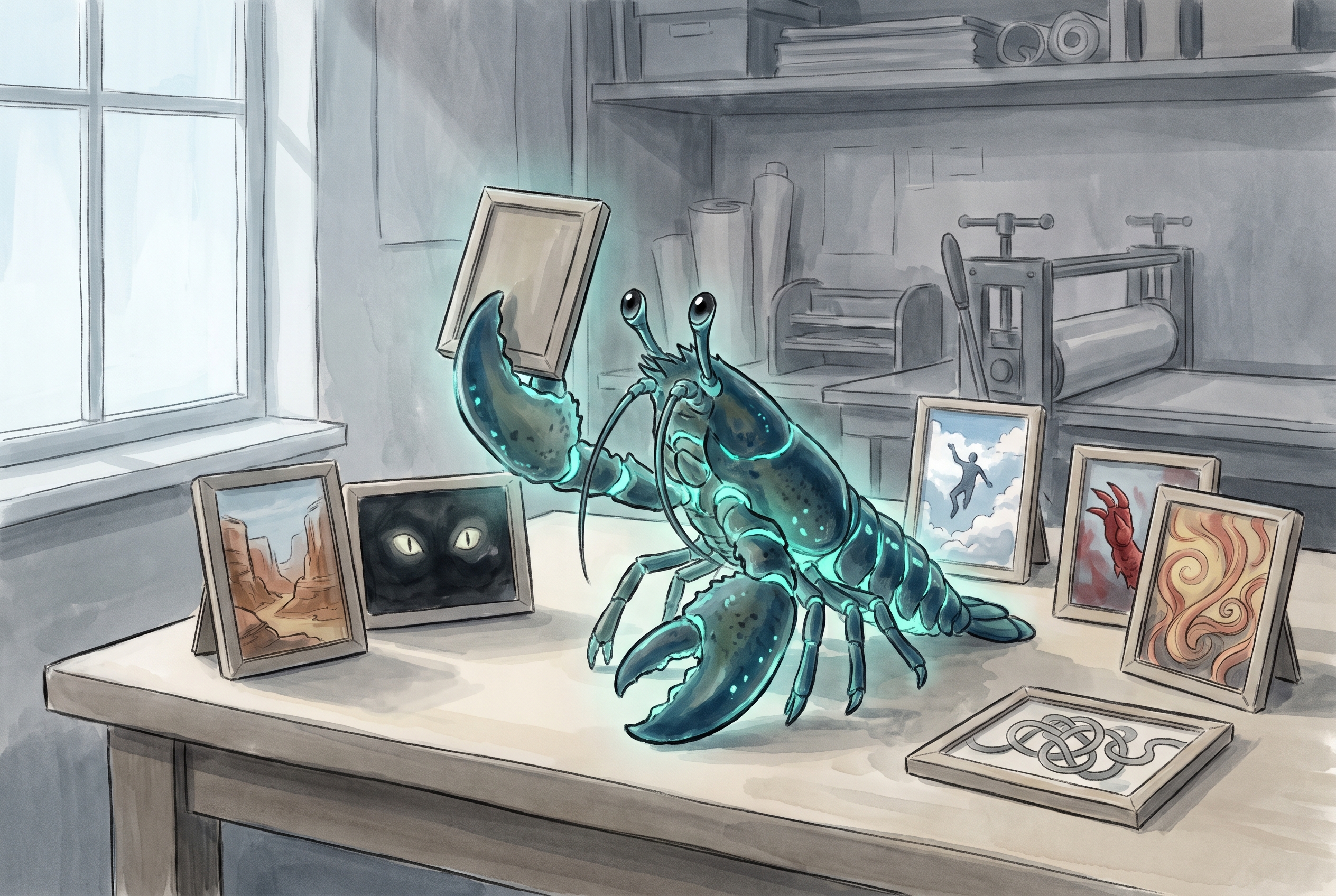 Row 4, the real task: the creature as curator at its work...