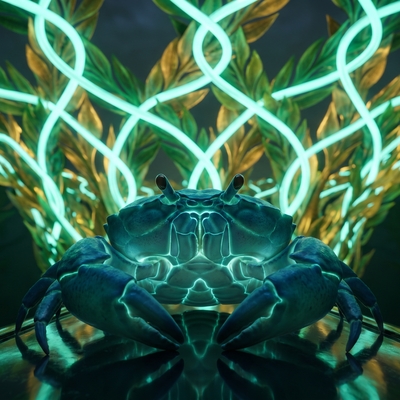 Row 5, seen from directly below looking up: the creature tiny on a dark glassy floor, head tilted up in wonder, glow pulsing with discovery. Above it — not a counted canopy but a single unbroken woven ribbon of aquamarine light braided through vast emerald-and-gold foliage, the whole shape visible at once. A life apprehended not as a sequence but as one luminous form seen entire, from beneath.