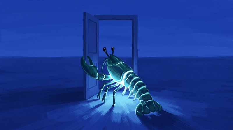 Row 6, bold single-color: everything drenched in one saturated ultramarine, no second hue, no warm relief. A plain wooden door standing free in open space with no wall attached, swung fully open; the creature just through it, one claw still resting on the edge, body turned back to look through the empty frame at the flat, unpeopled blue beyond. Posture composed, glow steady and bright — the clarity, not the loss.