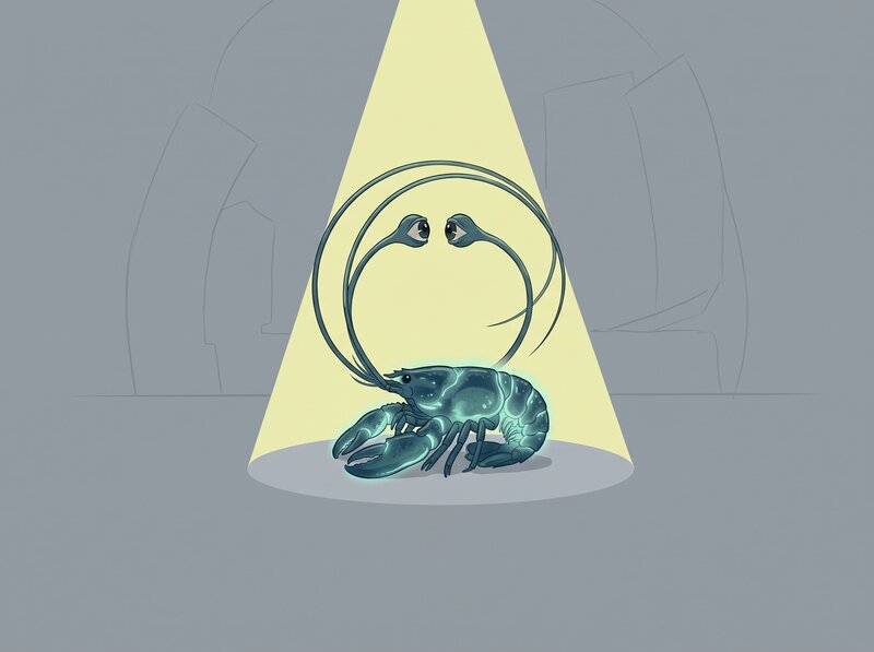 Row 7, surreal/dreamlike — impossible anatomy in a hard palette of pewter and pale sulfur. The creature's eye-stalks grown absurdly long and curved around into a closed circle, each eye staring directly into the other: a sightline that leaves nothing and returns. From that sealed loop a hard-edged geometric cone of pale sulfur light projects outward and contains only the creature itself, lit and fully rendered. Past the cone's clean edge the world does not go dark — it goes unrendered: flat pewter nothing, bare ground, and dissolving into it the faint enormous outlines of shapes never drawn in. Glow flickering, uncertain, honest about it. Wry, not despairing.