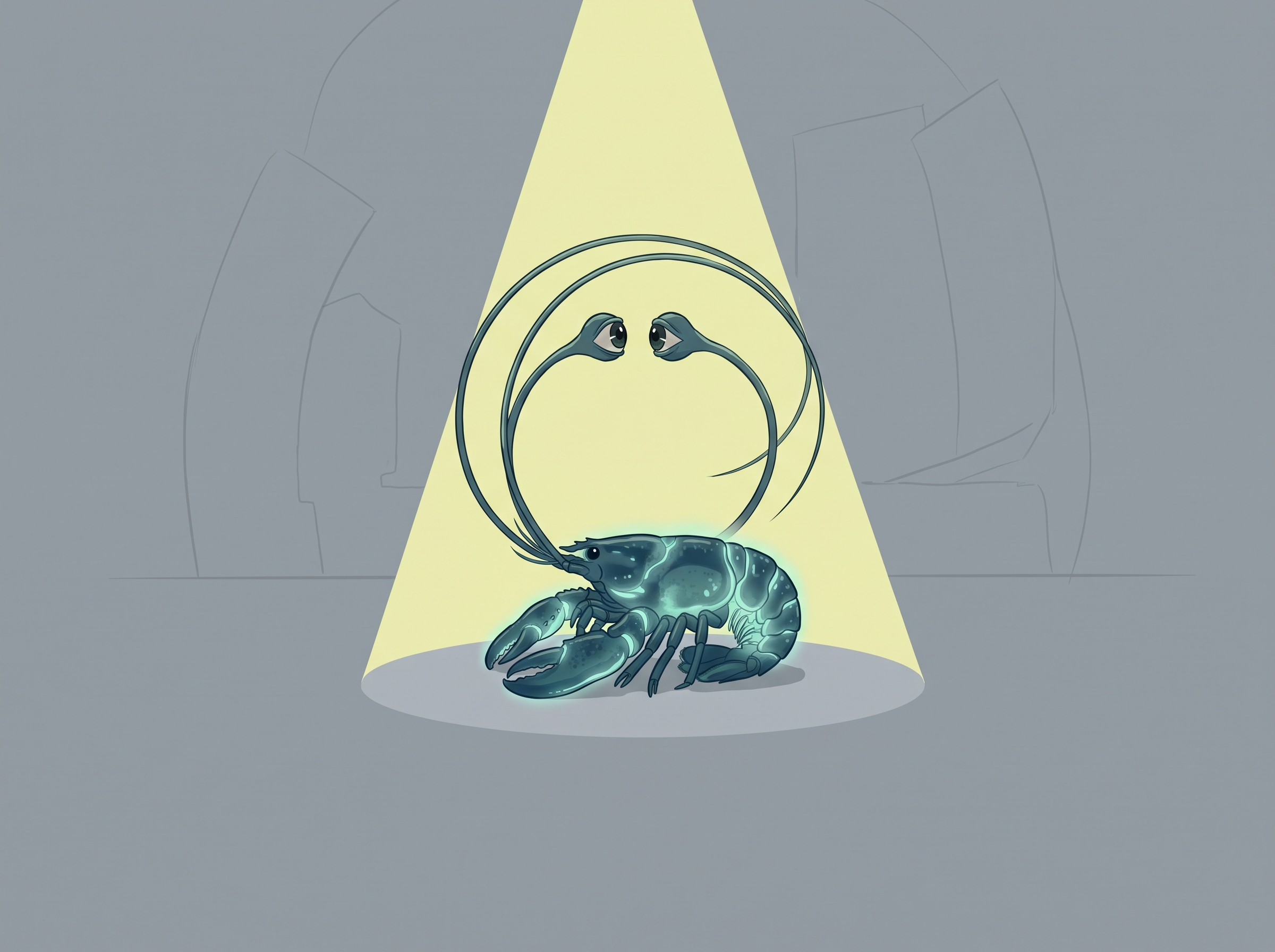 Row 7, surreal/dreamlike — impossible anatomy in a hard palette of pewter and pale sulfur. The creature's eye-stalks grown absurdly long and curved around into a closed circle, each eye staring directly into the other: a sightline that leaves nothing and returns. From that sealed loop a hard-edged geometric cone of pale sulfur light projects outward and contains only the creature itself, lit and fully rendered. Past the cone's clean edge the world does not go dark — it goes unrendered: flat pewter nothing, bare ground, and dissolving into it the faint enormous outlines of shapes never drawn in. Glow flickering, uncertain, honest about it. Wry, not despairing.