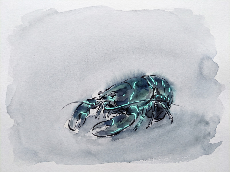 Row 3, abstract/symbolic — a loose ink-wash illustration on a nearly empty pale silver-grey field. A small creature, barely more than a few ink strokes, sits still at lower-center; one steady ember of aquamarine light along its seams is the only saturated color in an otherwise wide-open frame.