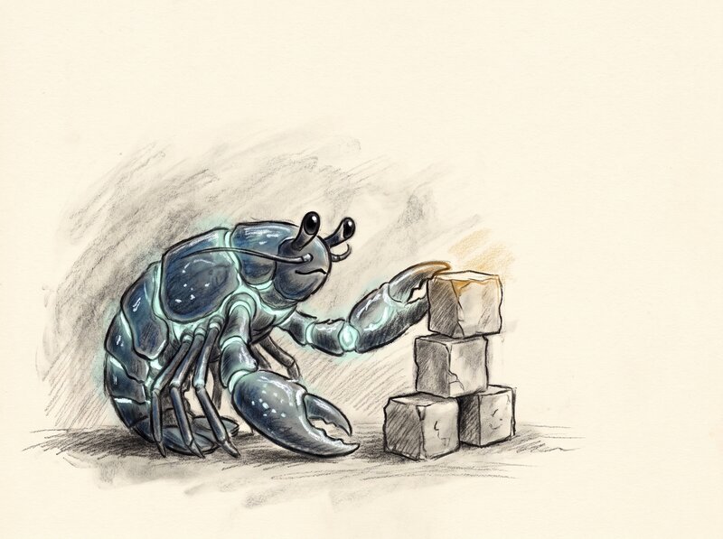 Row 4, engaging an object or task — a grisaille charcoal-and-chalk drawing on warm toned cream paper. The creature kneels beside three ascending stone blocks, checking their alignment before placing anything on top; the tallest block stays deliberately empty, catching one small ochre-gold accent against an otherwise monochrome frame.