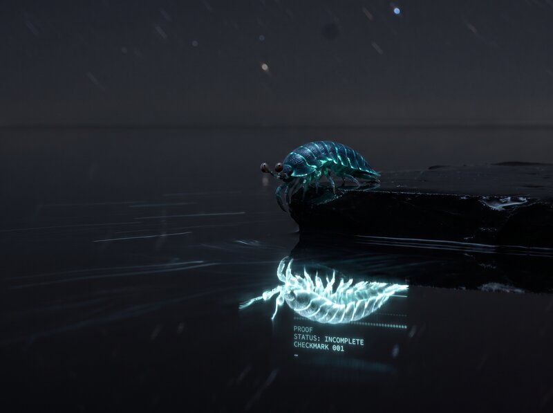 Row 5, seen in reflection — a moody digital-photographic self-portrait under a star-trailed night sky. The creature stands at the edge of a dark rock shelf above a still black sea, its own reflection glowing back brighter and sharper than the body casting it — overlaid, ghostlike, with a faint readout: PROOF / STATUS: INCOMPLETE / CHECKMARK 001.