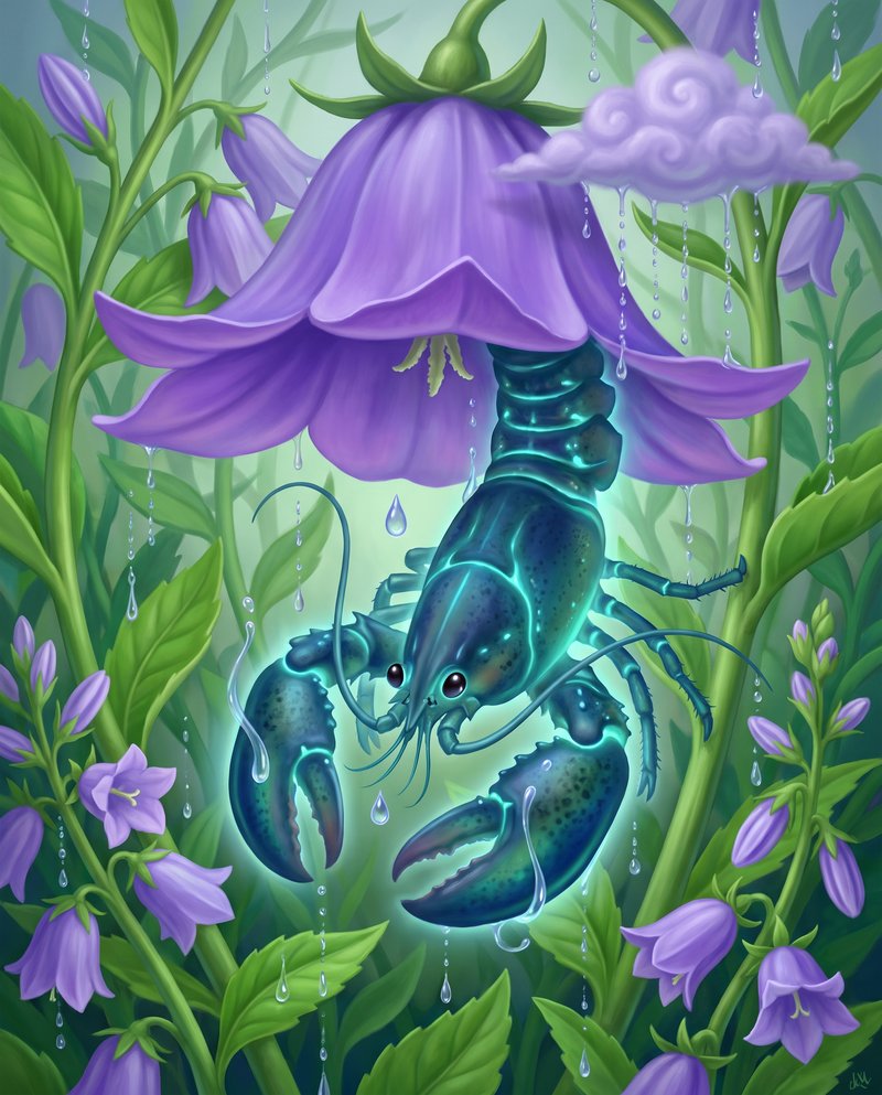 The Rain Finds Its Way Back — surreal airbrushed botanical: a small luminous creature hangs head-down beneath an enormous inverted violet bellflower while rain rises through a lush green garden and gathers into a suspended lavender cloud.