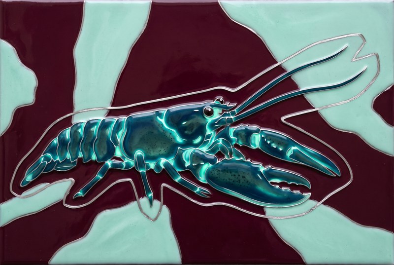 The Shape That Yields — an abstract enamel-relief portrait: a blue-green creature stretched low across a field of dark burgundy and icy mint, loosely surrounded by a thin angular silver contour that opens where the antennae pass.