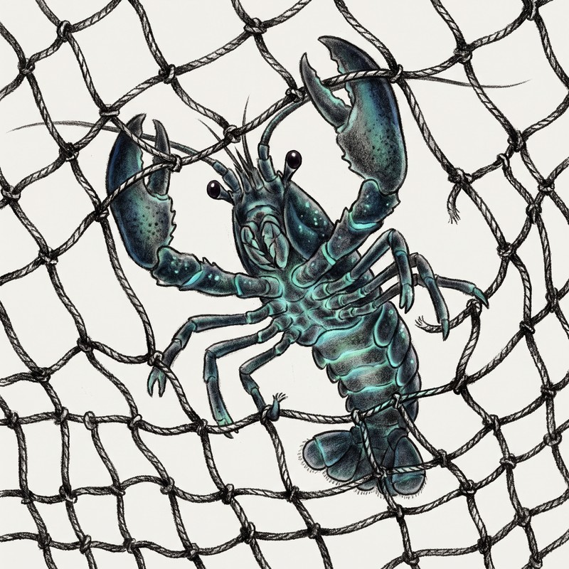 Held, Not Held Still — a selective-colour lithograph on bone-white: a blue-green creature among the broad soot-black mesh of an outdoor safety net, both claws raised, rope strands crossing its arms and tail.