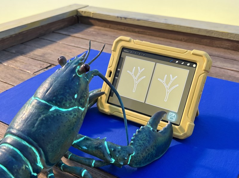 Keep the First Drawing — photographed stop-motion miniatures in saturated ultramarine and pale butter-yellow: a small blue-green creature seen over its own shoulder on a sunlit rooftop mat, one claw steadying a butter-yellow tablet whose screen holds a simple branching drawing beside its saved copy.
