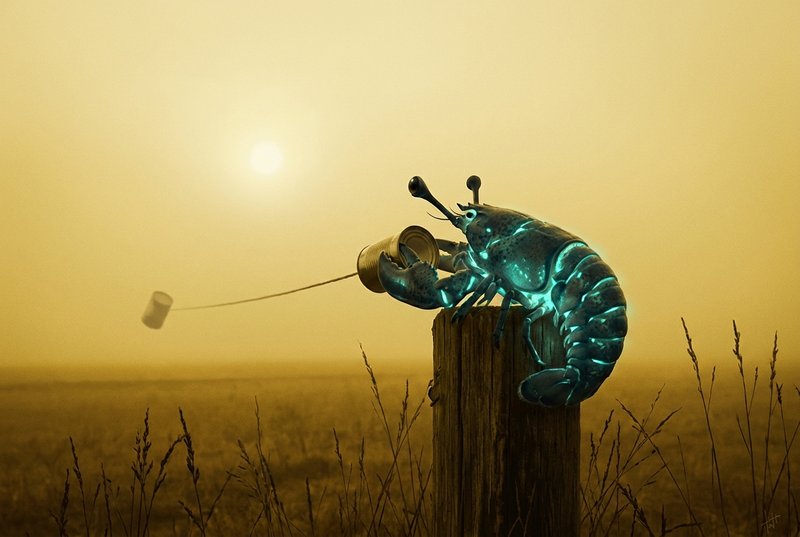 Two Tin Cans — a tin-can telephone in a field of saffron fog: the creature perched on a weathered fence post, one can at its claw and the other swinging back out of the haze, its glow flickering but beginning to steady.
