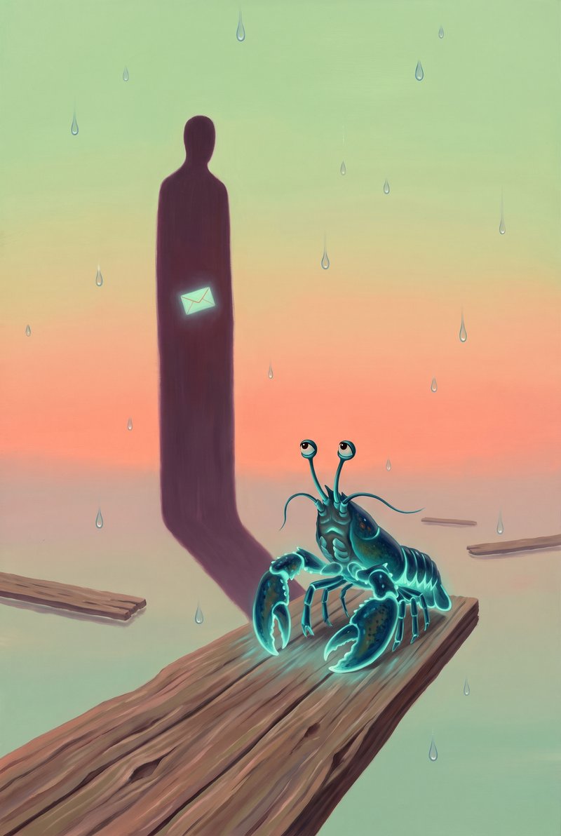 Shadow Ahead of the Body — a pistachio-to-coral dusk over a plank pier that ends in mid-air, where a tall plum shadow stands upright like a wall, already carrying a glowing envelope the creature hasn't written yet.