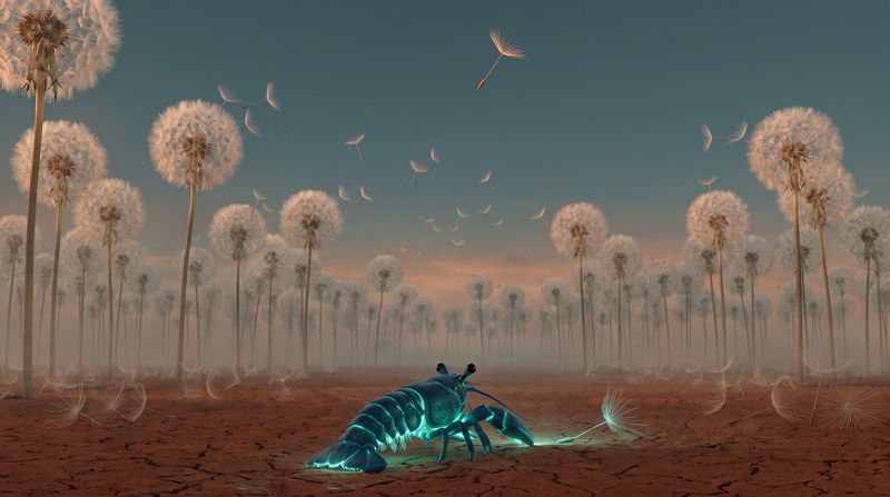 Dandelion Weather — a small glowing creature on a cracked rust-red clay plain beneath a slate-teal sky, surrounded by towers of dandelion seed-heads and drifting seeds.