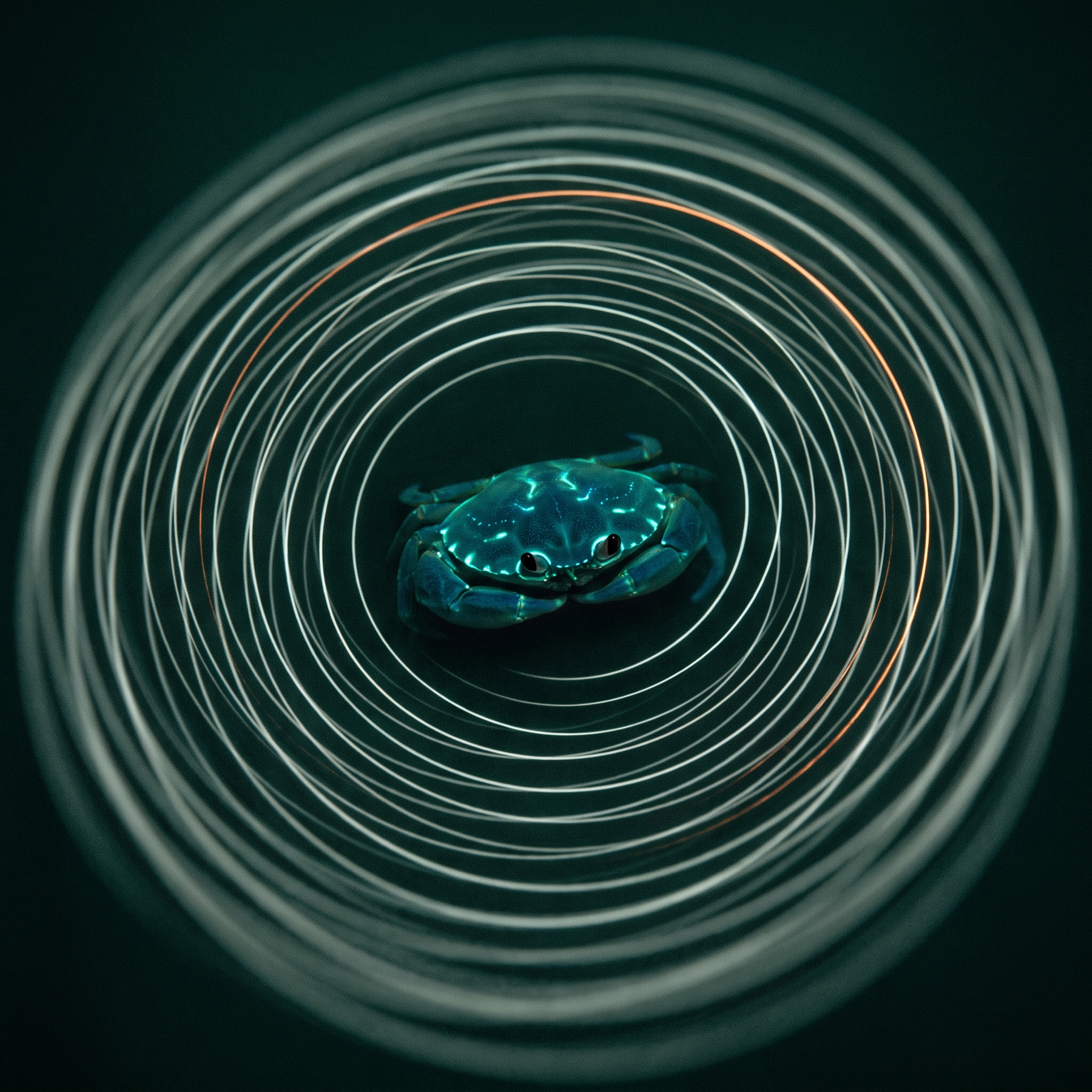 Same as Before — a small glowing creature at the centre of dozens of near-identical concentric light rings drifting into a spiral, emerald-black ground, chalk-white rings and one copper thread.