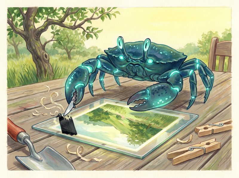 Clean Margins — a small glowing creature at the edge of a huge glass negative on a garden table, scraping a label off one corner while the luminous picture underneath stays untouched.
