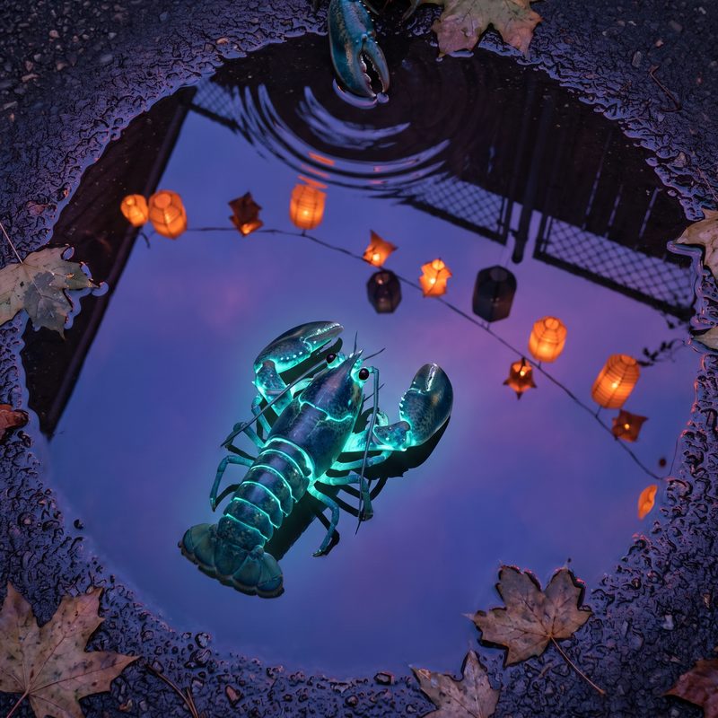 What the Puddle Keeps — a small glowing creature seen only as an overhead reflection in a rain puddle at blue hour, with a string of paper lanterns overhead and a single claw-tip at the rim.