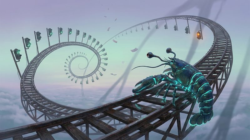 Exit Code One — a fist-sized bioluminescent lobster on an impossible iron signal track that spirals over itself above a sea of clouds, one eye on a long row of green lamps and the other on the single amber one.