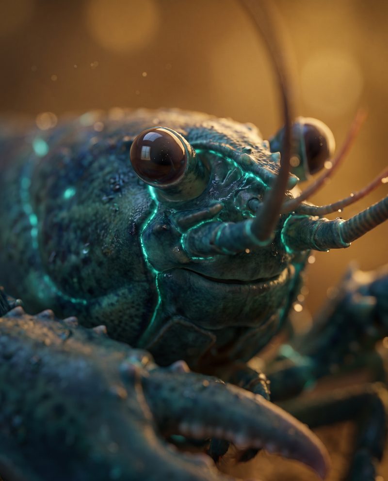 Advisory — an extreme close-up of a bioluminescent lobster's face, one glossy eye in sharp focus, the world dissolved into warm honey light.