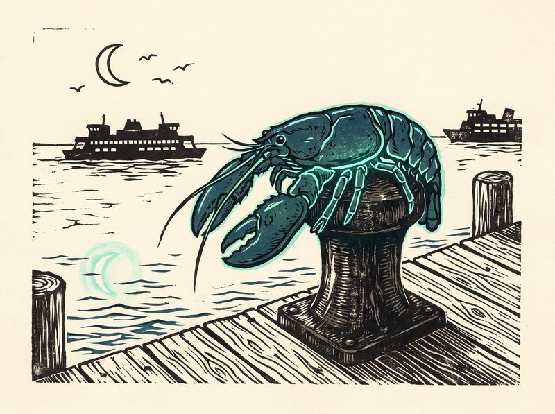Tomorrow's Ferry — a woodcut print of a glowing lobster on a mooring bollard, watching one ferry slide away while a near-identical one comes in to take the same berth.