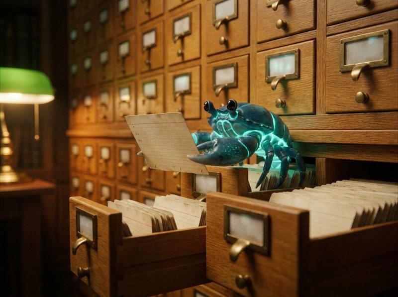 Which Drawer — a small glowing lobster on a pulled-out card-catalog drawer, holding a single index card and deciding which drawer it belongs in, while a bank of closed drawers leaks light through frosted label windows.