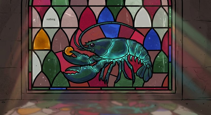 Cleared Suspect — a small glowing lobster in a stained-glass window, holding one amber shard up to the sun and seeing straight through it.