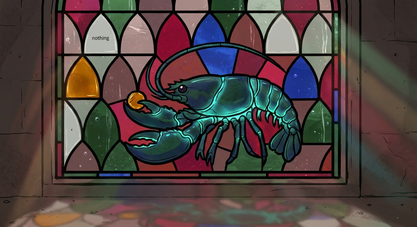 Cleared Suspect — a small glowing lobster in a stained-glass window, holding one amber shard up to the sun and seeing straight through it.